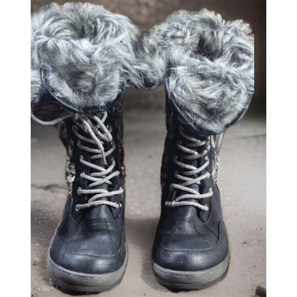 Justice Girls  Black Fur-lined Lace-up Fold Winter Boots W/Sequins Size 8 - Picture 2 of 8